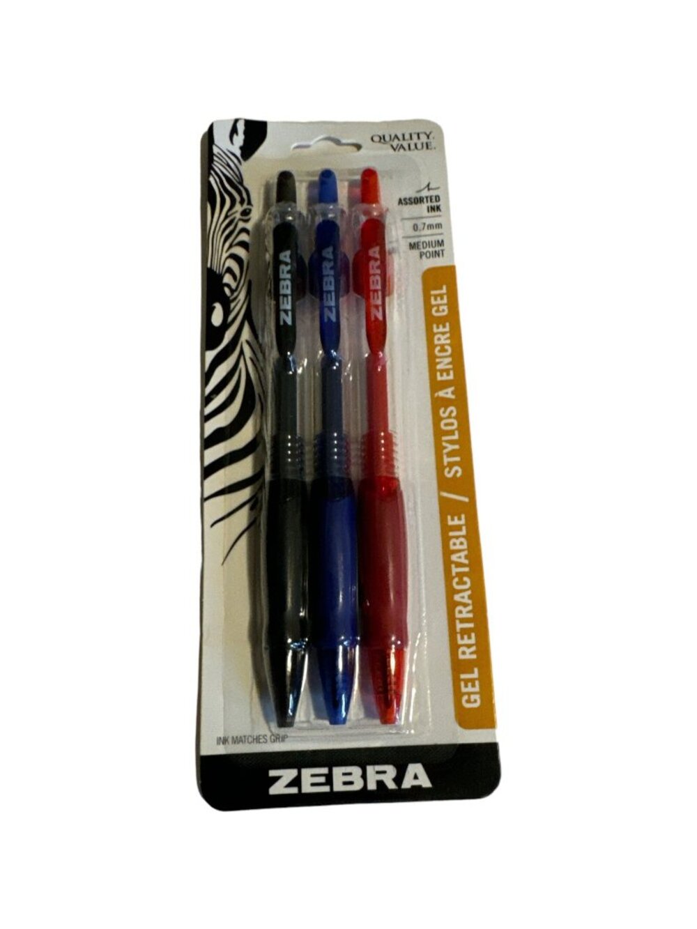 Zebra Gel Retractable Pen 0.7mm Assorted Ink Red Black Blue Set Of 3 new